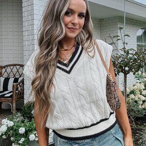LAST ONE | Women's Old Money Cable Knit Sweater Vest Top | Cream White